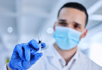 Poster - Scientist, syringe and hand with dose in lab for medical health or research vaccine in career. Test, mask and disease for cure with innovation in science with experiment or breakthrough in Germany