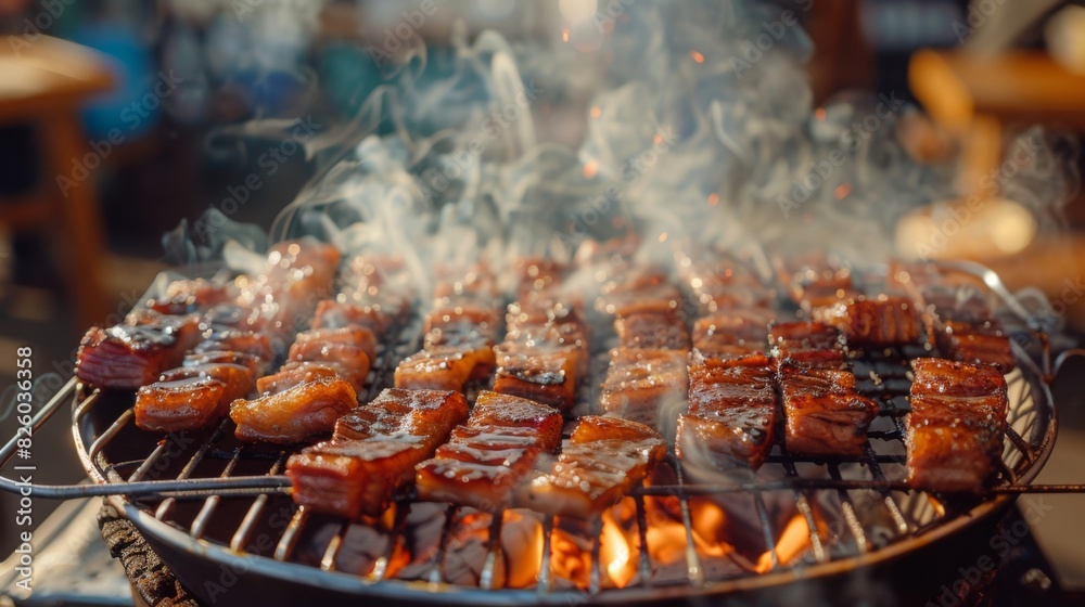 A sizzling hot barbecue grill loaded with juicy pork belly slices ...