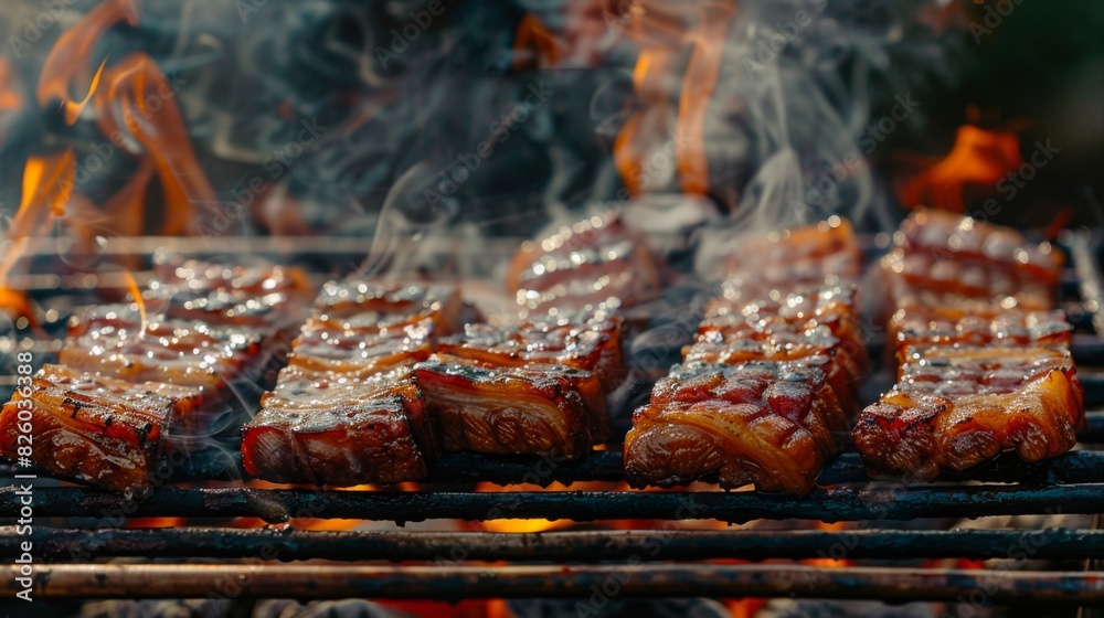 A sizzling hot barbecue grill loaded with juicy pork belly slices ...