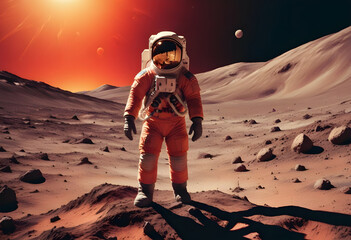 A middle aged astronaut standing in the moon, redscale style.