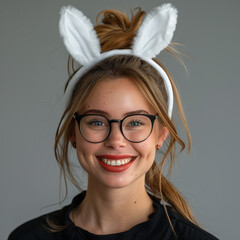 Canvas Print - smiling woman wearing bunny ears and glasses with a black sweater