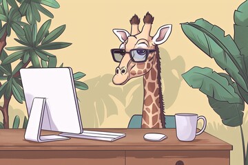 Poster - A giraffe with glasses sits at a computer, typing away