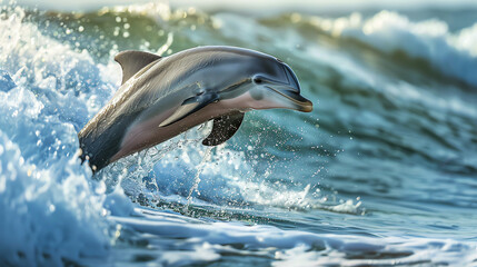 A bottlenose dolphin is leaping out of the ocean waves