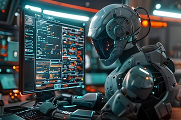 Poster - A robot engaged in data analysis on a computer screen in a high-tech office environment, emphasizing the role of advanced robotics in enhancing workplace productivity.