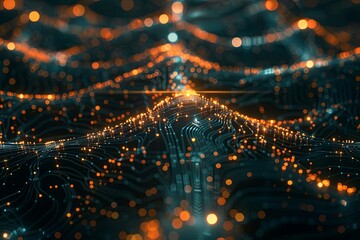 Fototapete - A computer generated wave of vibrant lights moving in a pattern, resembling a glowing neural network representing AI intelligence