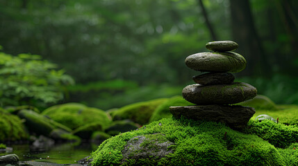 Wall Mural - there is a pile of rocks sitting on top of a moss covered rock