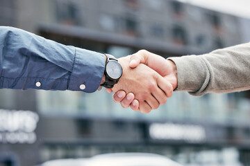 Leinwandbilder - Teamwork, business people and handshake outdoor for deal, support and solidarity for workflow. Partnership, collaboration and cooperation for agreement, goal and integration of corporate b2b in city