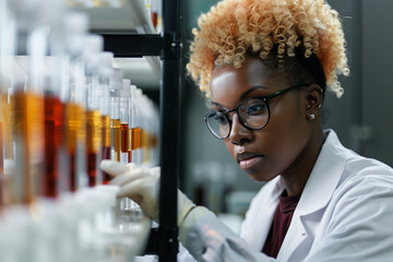 Wall Mural - woman in lab coat and glasses looking at a shelf of test tubes