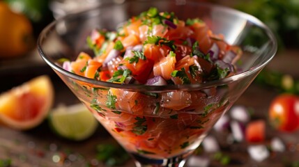 Wall Mural - A vibrant and flavorful salmon ceviche served in a martini glass, marinated in citrus juices and mixed with diced tomatoes, onions, and cilantro.