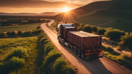 Cargo truck driving through landscape at sunset, Generative AI