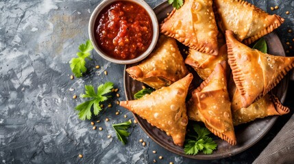 Wall Mural - A vibrant plate of vegetable samosas, crispy and golden brown, served with tangy tamarind chutney for dipping, a beloved Indian snack