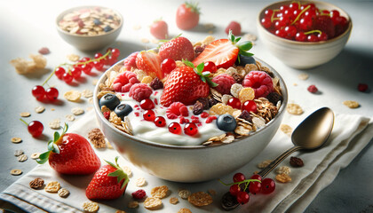 Wall Mural - bowl of muesli with yogurt and berries fruit