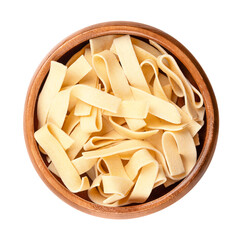 Wall Mural - Sagnette, smooth ribbon pasta, in a wooden bowl. Uncooked, short thick ribbons of noodles, also called laminated pasta, made of durum wheat semolina and egg. Close-up from above, isolated food photo.