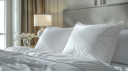 Wall Mural - Close-up of a white pillow on a bed in a hotel room