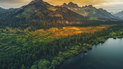 Wall Mural - Aerial view of lush green forest and mountains during sunset, with a serene lake in the foreground and dramatic sky above.