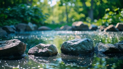 Several large boulders tered around the pond acting as barriers to protect the surrounding area.