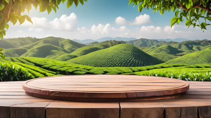 Circle wooden table top with blurred tea plantation landscape against blue sky and blurred green leaf frame Product display concept natural background, Generative AI
