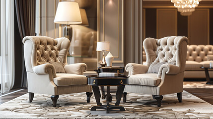 Wall Mural - elegant beige wingback chairs upholstered in plush champagne velvet fabric, adding a sense of luxury 
