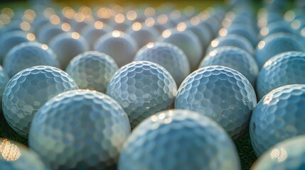 Close-up. Many golf balls, pattern of used balls on golf field as background