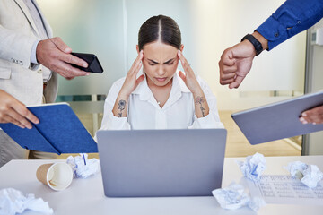 Wall Mural - Businesswoman, office and overwhelmed with stress or working with laptop, burnout and multitasking at job. Female person, company or colleagues with report, chaos with headache and poor mental health