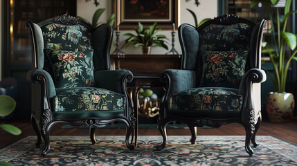 Wall Mural - elegant charcoal gray wingback chairs upholstered in exquisite emerald green floral fabric