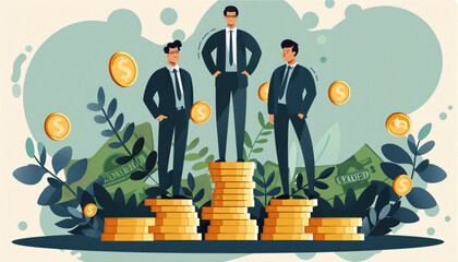 Wall Mural - Vector illustration of businessman proudly standing on the huge money staircase. Flat style business concept