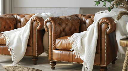 Wall Mural - elegant camel leather armchairs paired with cozy white throw blankets draped over the backrests