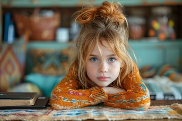 A red-haired young girl with a captivating gaze resting her chin, showing thoughtfulness and depth