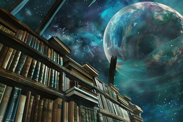 an otherworldly library with books lining the walls under a celestial sky featuring a close-up plane
