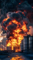 Wall Mural - A large oil facility was on fire with smoke and flames in the sky