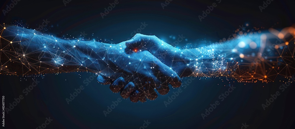 Digital handshake on blue technology background Stock Photo | Adobe Stock