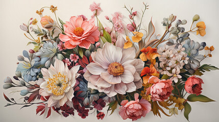 Wall Mural - wallpaper with bright bouquet of flowers on white background.