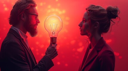 Mentor brainstorms with confused colleague, holding light bulb representing idea. Guides newcomer to company, providing advice on overcoming difficulties.