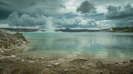 Wall Mural - a serene lake with a geysers dramatic eruption in the distance