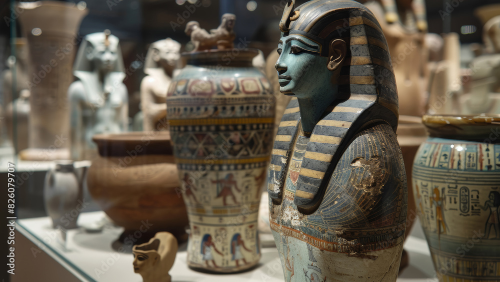 Priceless ancient Egyptian artifacts displayed in a museum showcase ...