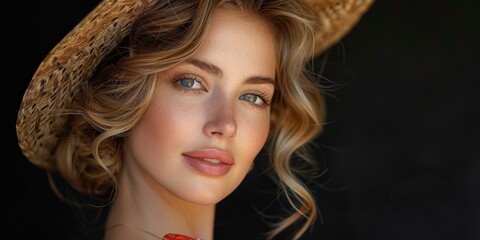 Portrait of an elegant woman in a straw hat with sunlight on her face exuding beauty and fashion