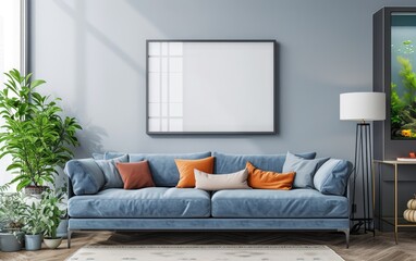 Wall Mural - Stylish comfort living room with blue leather sofa near aquarium tank and green houseplant, standing lamp with blank picture frame on blue light wall