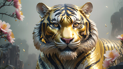 Ethereal magical china tiger sparkling gold cracks with flowers growing from them in a mist, Generative AI