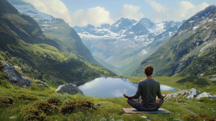 A person sits in lotus pose, meditating beside a tranquil mountain lake, embodying serenity.