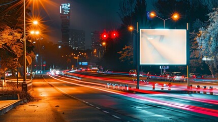 Wall Mural - Mockup of a blank billboard on a lively street at night. Car light trails add motion and vibrancy to the scene, perfect for showcasing impactful advertisements.