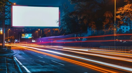 Wall Mural - Mockup of a blank billboard on a lively street at night. Car light trails add motion and vibrancy to the scene, perfect for showcasing impactful advertisements.