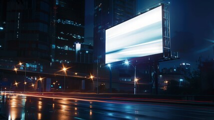 Wall Mural - Nighttime city scene featuring a blank billboard on a busy street. Car light trails illuminate the background, highlighting the potential for dynamic advertisements.