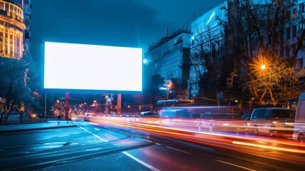 Wall Mural - Nighttime city scene featuring a blank billboard on a busy street. Car light trails illuminate the background, highlighting the potential for dynamic advertisements.