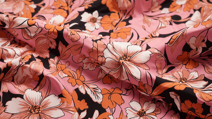 Wall Mural - A pink floral pattern fabric with orange, white, and black flowers and green leaves.

