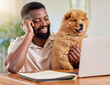 © peopleimages.com - Black man, phone call and laptop on table for remote work, holding dog and freelance job. Networking, communication and person on computer for planning, online discussion and conversation in house