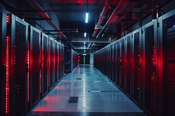 Poster - A secure data center hallway filled with rows of red and black servers
