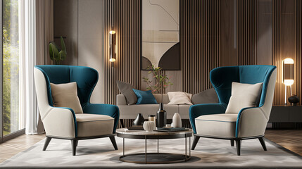 Wall Mural - modern taupe accent chairs featuring plush teal upholstery