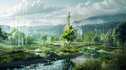 Poster - A landscape equipped with 5G-connected sensors continuously monitoring environmental conditions, enabling proactive measures to manage pollution, climate change, and natural resources.