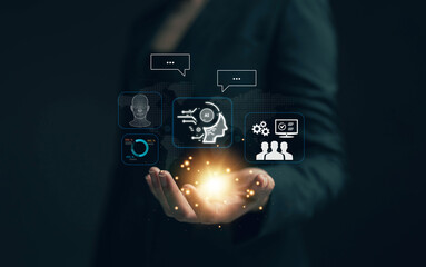 Fototapete - Businessman chatting with AI. The concept of inserting commands to allow artificial intelligence to create something from data. Future technology. Using AI to help in work.
