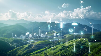 Poster - A landscape equipped with 5G-connected sensors continuously monitoring environmental conditions, enabling proactive measures to manage pollution, climate change, and natural resources.